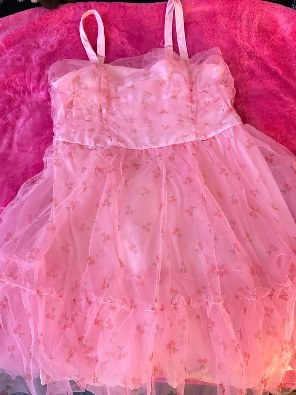 Pink Tulle Party Dress with Cherry Print
